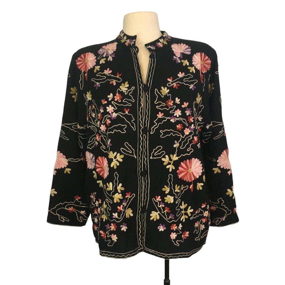 Boston Proper Black Floral Embroidered Sweater Jacket, Blazer, Mandarin Collar M